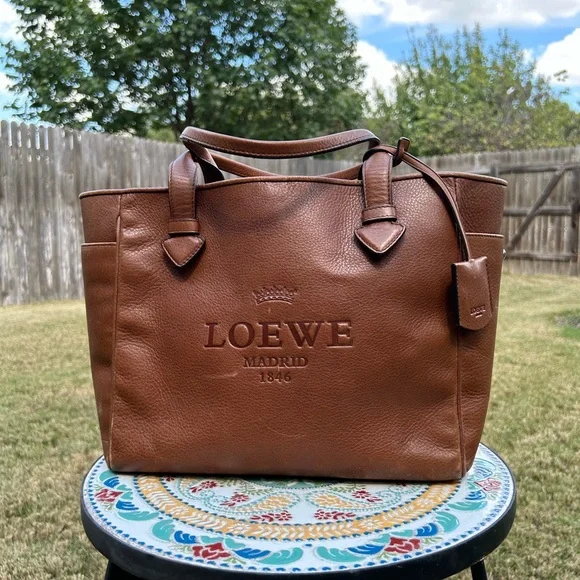 LOEWE Heritage Small Tote Logo Brown Leather Bag Handbag With Clochette - Picture 1 of 12